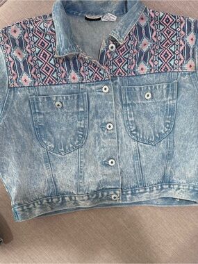 Light Wash Denim Jacket with Pink & Blue Aztec Yoke